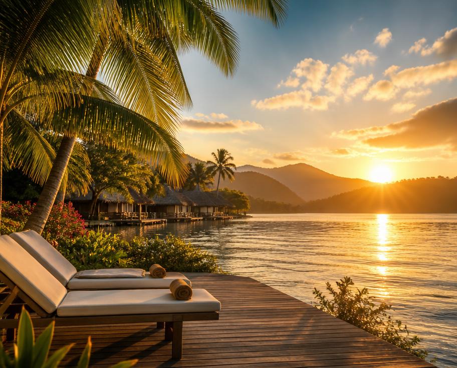 Resort com piscina ao entardecer